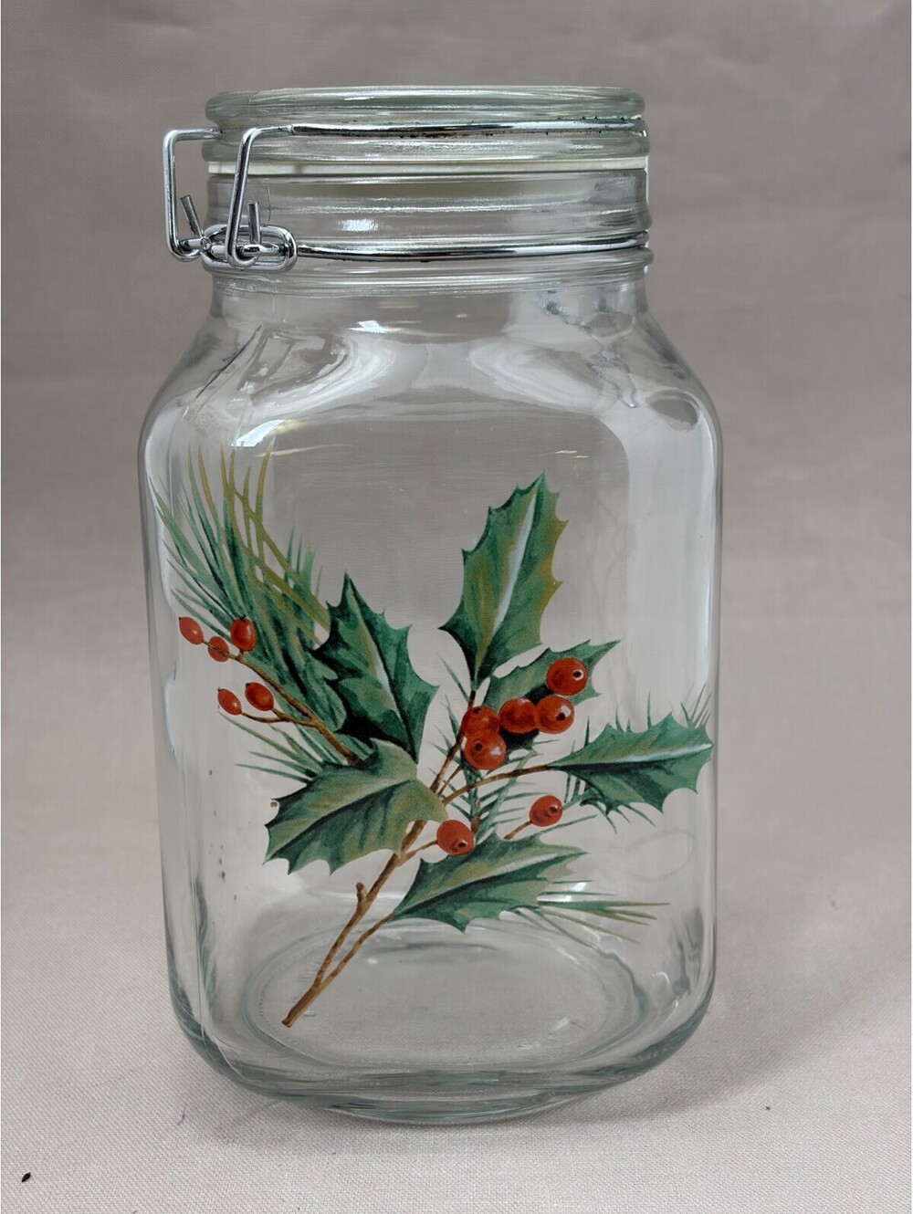 Vintage KIG Indonesia Christmas Glass Canister Jar Wire Bail Holly Berries 2L
